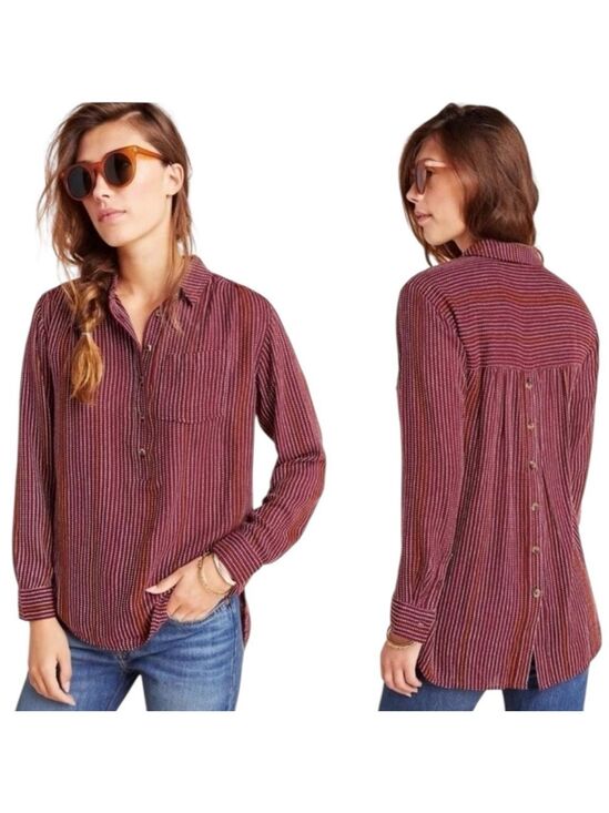 Anthropologie Tops - Anthropologie Isadora Button Back Tunic Burgundy Stripe Dot Wool Blend SIze S